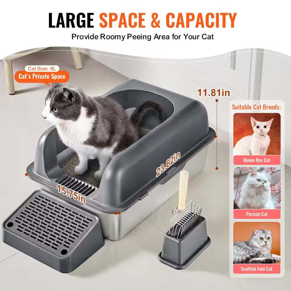 Stainless Steel Cat Litter Box with Lid XL Extra Large Enclosed Cat Litter Box for Big Cats High Sides Metal Litter Box